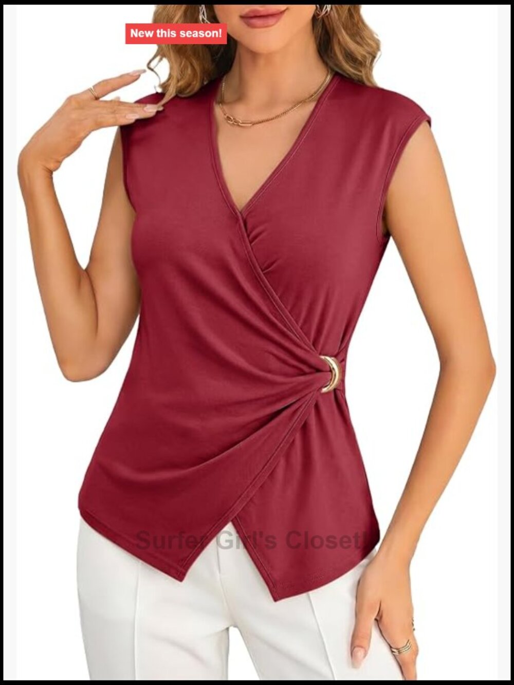 Womens V Neck Wrap Tank Top Sleeveless Ruched Vest with Metal Ring Detail